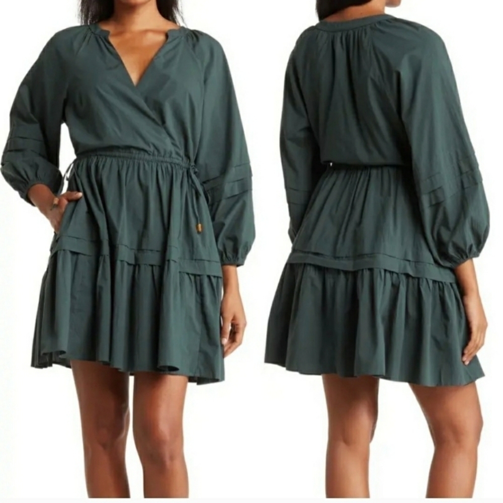 NWT Madewell Green Oaklynn Puff Sleeve Pleated Drawstring Dress Size XS